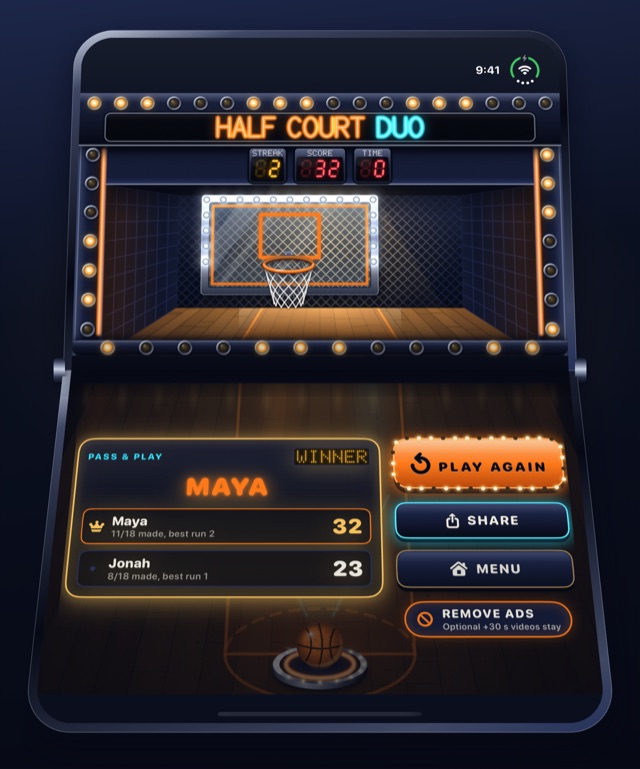 A Pass and Play winner card: Maya wins with 32 over Jonah's 23, with Play Again, Share and Menu buttons.