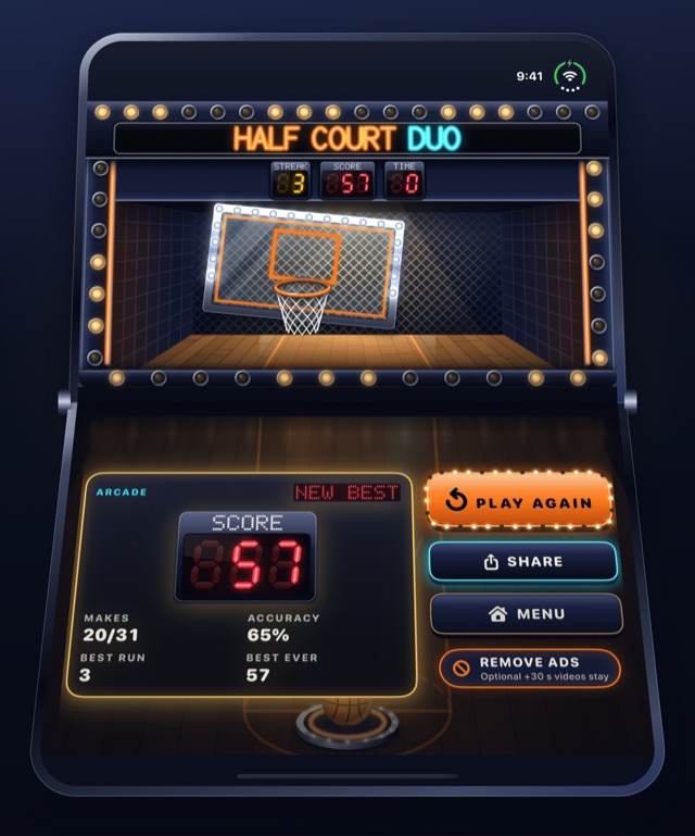 Arcade results: NEW BEST, a score of 57, 20 of 31 made at 65 percent, with Play Again, Share and Menu.
