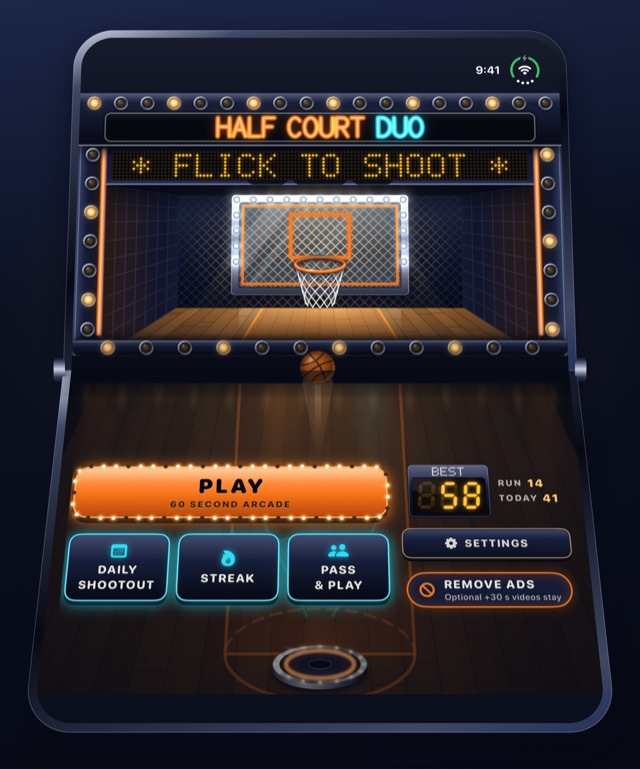The main menu over the cabinet, the LED sign reading FLICK TO SHOOT, with Play, Daily Shootout, Streak, Pass and Play, Settings and Remove Ads.